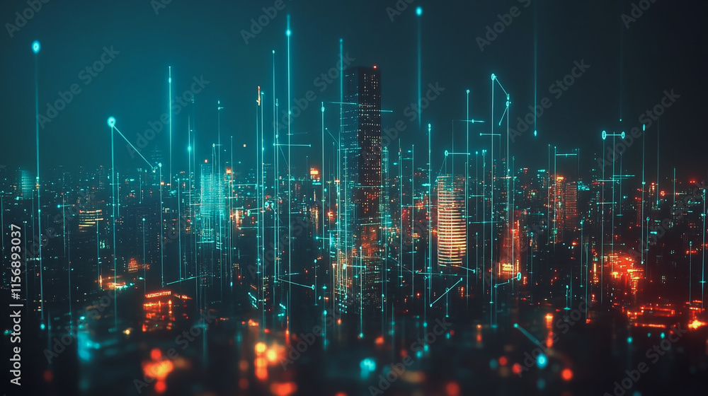 Smart digital Innovation city with connection network reciprocity over the cityscape. of future smart wireless digital city and social media networking systems that connects people with in city Smart digital Innovation city with connection network reciprocity over the cityscape. of future smart wireless digital city and social media networking systems that connects people with in city
