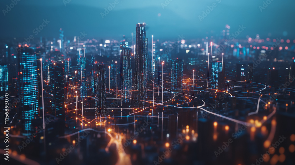 Fototapeta premium Smart digital Innovation city with connection network reciprocity over the cityscape. of future smart wireless digital city and social media networking systems that connects people with in city