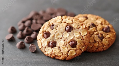 Two delicious homemade oatmeal chocolate chip cookies sit beside a pile of chocolate chips, representing comfort baking and sweet indulgence. photo