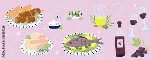Vector food illustration, greek pita, souvlaki on plate, tzatziki sauce, olives, parsley, feta cheese, olive oil bottle, wine, grape, served fish, lemon, rosemary, lettuce. Greece traditional cuisine
