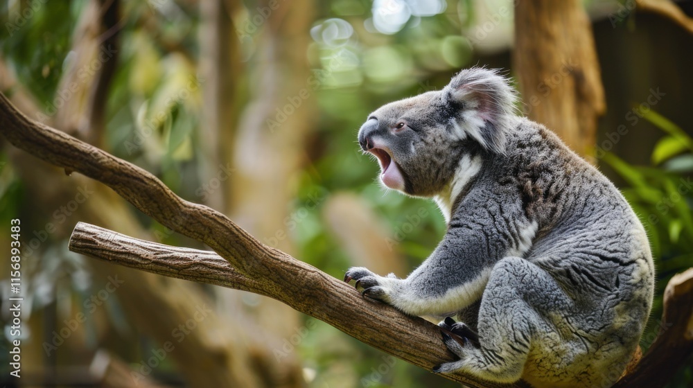 Fototapeta premium Yawning koala perched on tree branch.