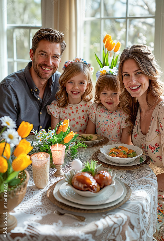 Smiling family celebrating Easter at home. Parents and children enjoying Easter traditions Smiling family celebrating Easter at home. Parents and children enjoying Easter traditions