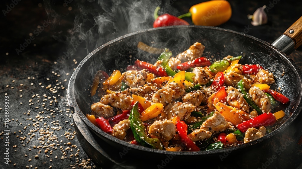 Deliciously Cooked Meal in a Pan with Wooden Spoon Stirring Ingredients Deliciously Cooked Meal in a Pan with Wooden Spoon Stirring Ingredients