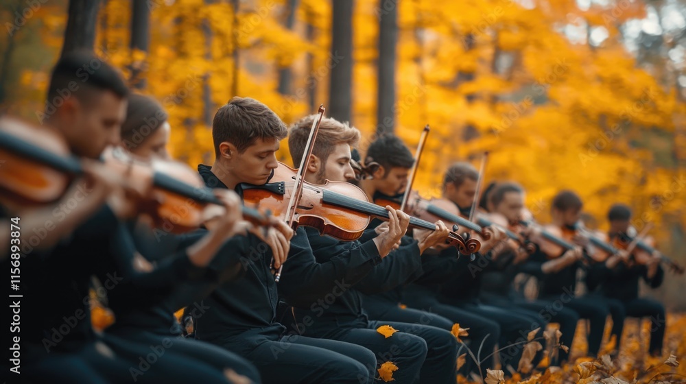 Group of musicians playing violins in a vibrant autumn forest setting during a serene afternoon performance Group of musicians playing violins in a vibrant autumn forest setting during a serene afternoon performance