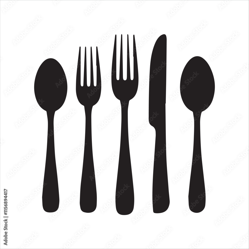 A minimalist, black and white line drawing of a plate, fork, spoon, and knife. A minimalist, black and white line drawing of a plate, fork, spoon, and knife.