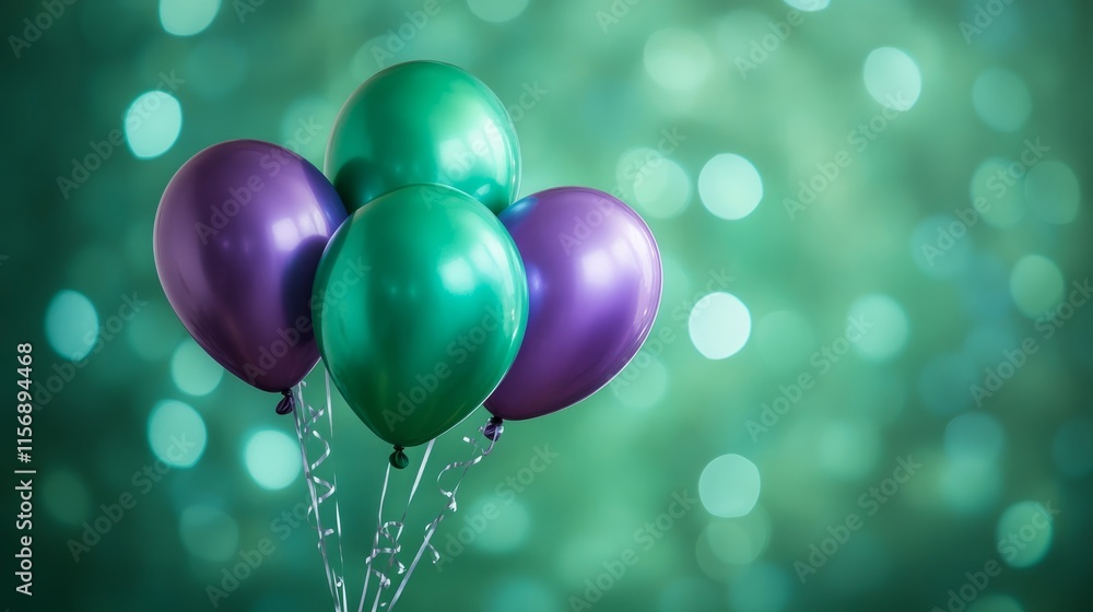 A charming set of purple and green balloons stands out softly against a subtle background of bokeh lighting, emphasizing elegance and joy in an artistic setting. A charming set of purple and green balloons stands out softly against a subtle background of bokeh lighting, emphasizing elegance and joy in an artistic setting.