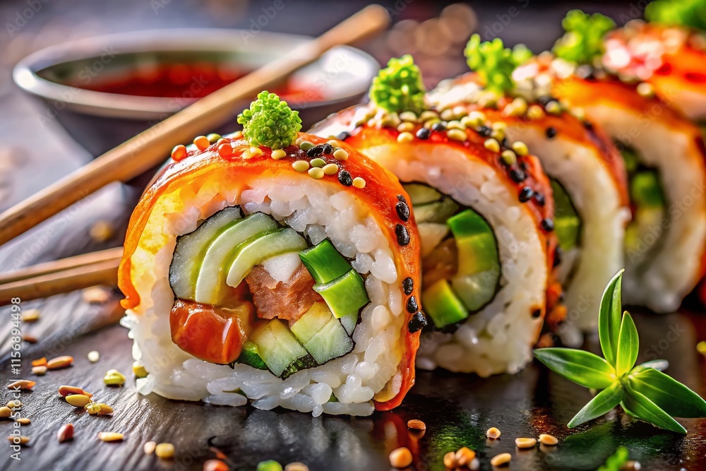 Fototapeta premium Delicious Sushi Roll with Fresh Ingredients, Dripping Soy Sauce, Chopsticks