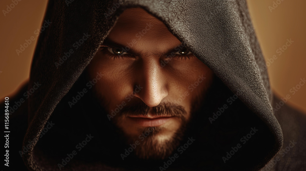 fantasy lifestyle concept, close-up portrait of a rugged rogue with sharp features and a subtle smirk, wearing a dark hood, isolated on a solid warm beige background with ample copy space fantasy lifestyle concept, close-up portrait of a rugged rogue with sharp features and a subtle smirk, wearing a dark hood, isolated on a solid warm beige background with ample copy space