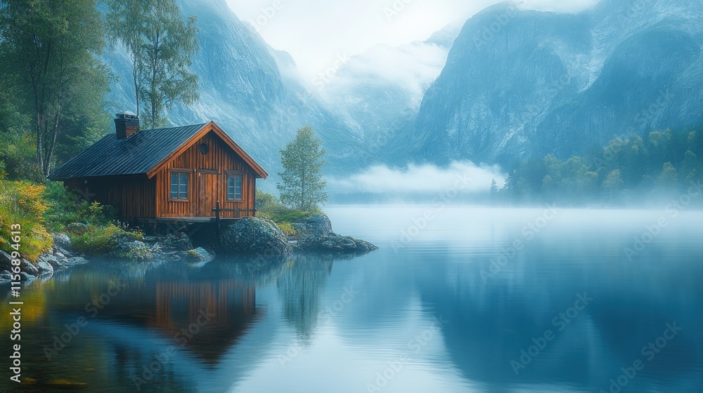 Fototapeta premium A serene lakeside cabin surrounded by misty mountains and lush greenery.