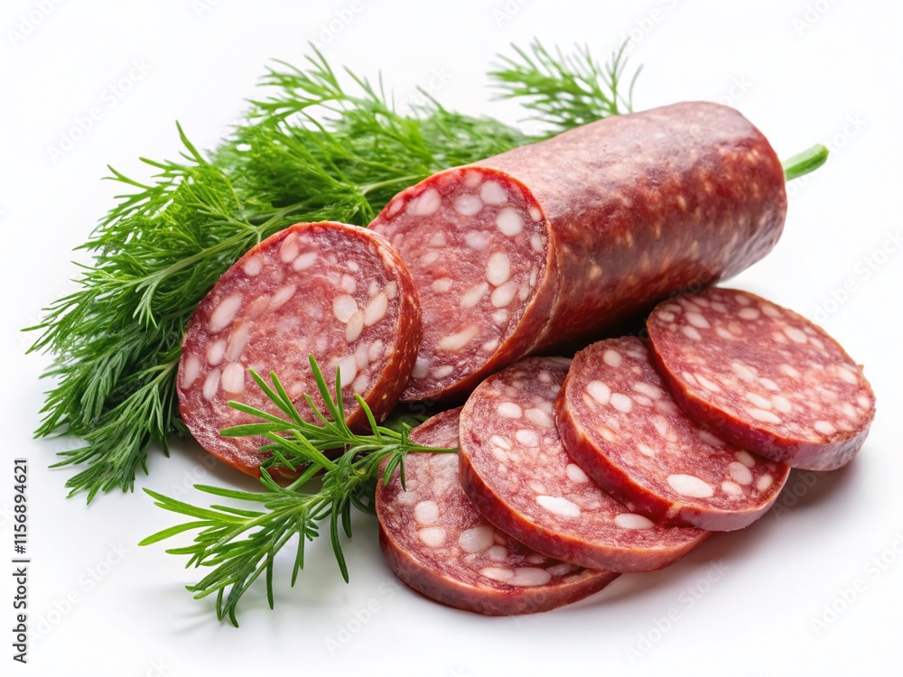 Delicious Traditional Sausage Salami with Fresh Dill on White Background - Stock Photo Delicious Traditional Sausage Salami with Fresh Dill on White Background - Stock Photo