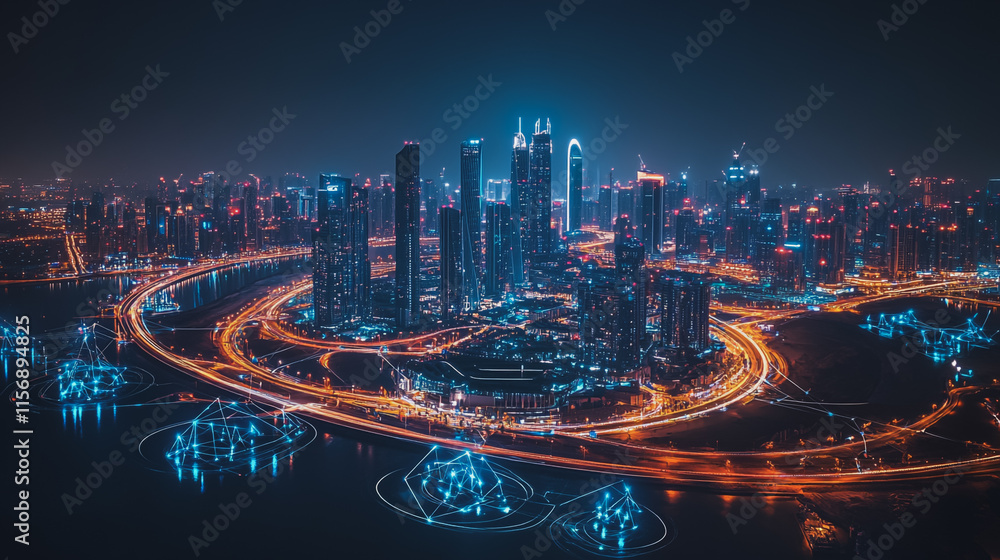 Fototapeta premium Smart digital Innovation city with connection network reciprocity over the cityscape. of future smart wireless digital city and social media networking systems that connects people with in city