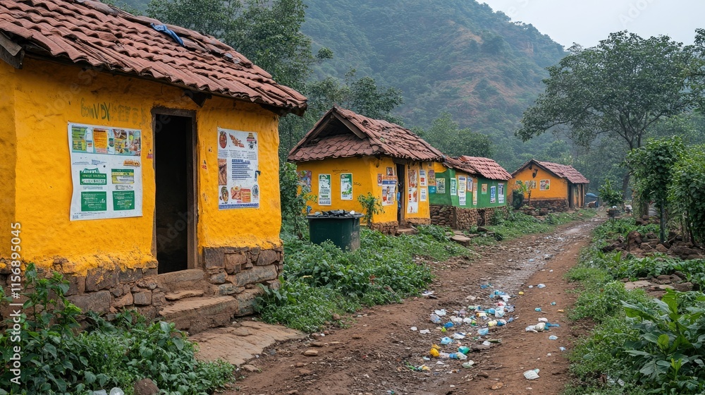 Colorful rural houses line a dirt road, showcasing vibrant posters and greenery amidst a mountainous backdrop. Colorful rural houses line a dirt road, showcasing vibrant posters and greenery amidst a mountainous backdrop.