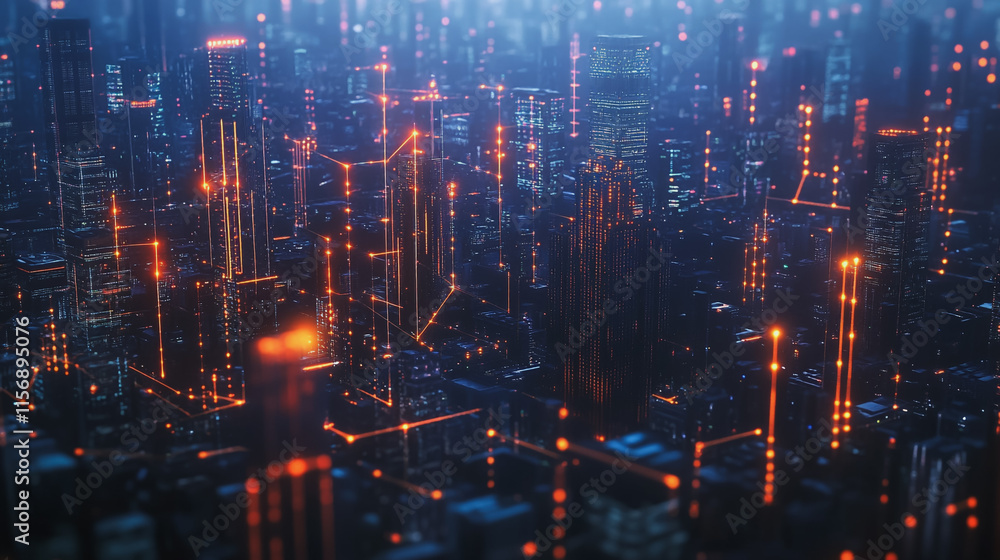 Fototapeta premium Smart digital Innovation city with connection network reciprocity over the cityscape. of future smart wireless digital city and social media networking systems that connects people with in city