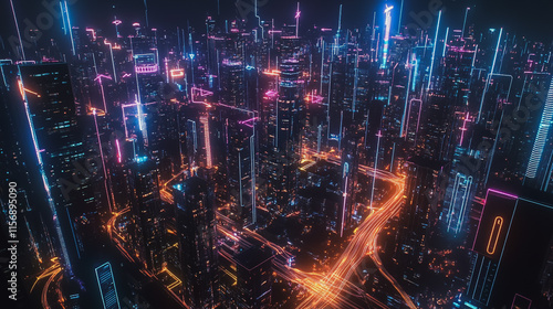 Smart digital Innovation city with connection network reciprocity over the cityscape. of future smart wireless digital city and social media networking systems that connects people with in city