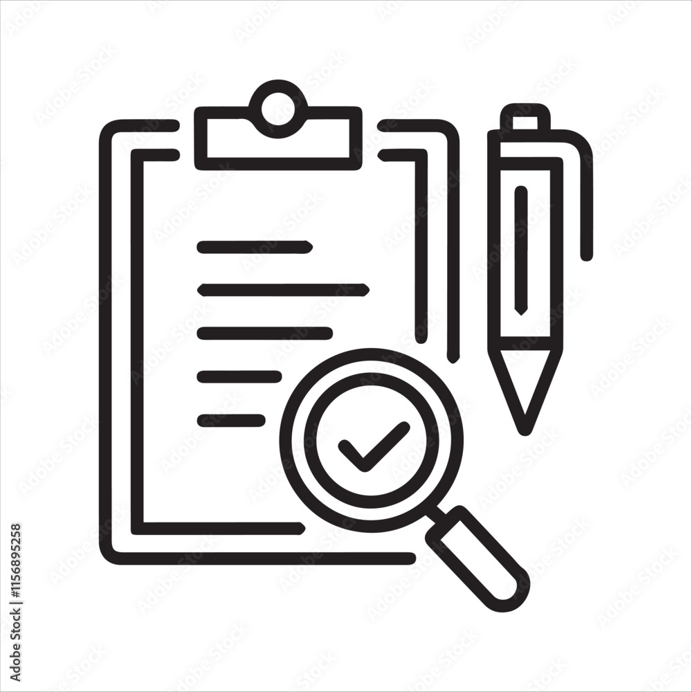 Checklist with magnifying glass and pen for thorough review vector silhouette on a white background Checklist with magnifying glass and pen for thorough review vector silhouette on a white background