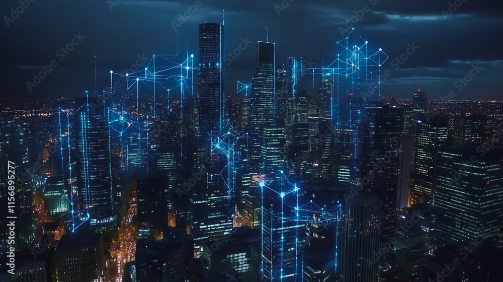 Smart digital Innovation city with connection network reciprocity over the cityscape. of future smart wireless digital city and social media networking systems that connects people with in city Smart digital Innovation city with connection network reciprocity over the cityscape. of future smart wireless digital city and social media networking systems that connects people with in city