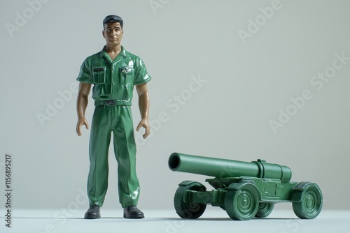 Green Toy Soldier with Tank Cannon Displayed on Minimalist Background for Creative and Fun Imagery or Educational Purposes Related to Military Action Figures photo