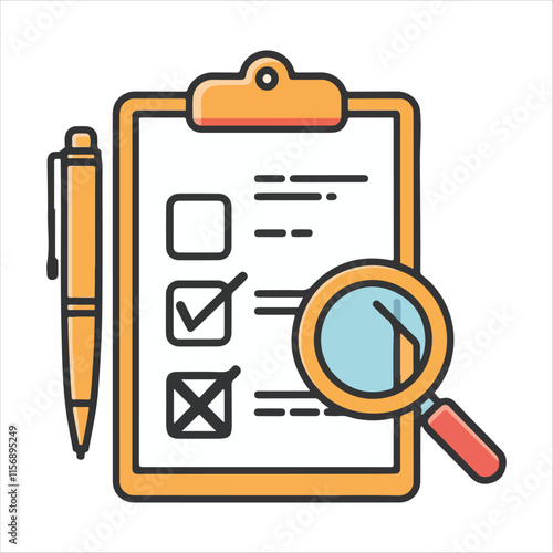 Checklist with magnifying glass and pen for thorough review vector silhouette on a white background
