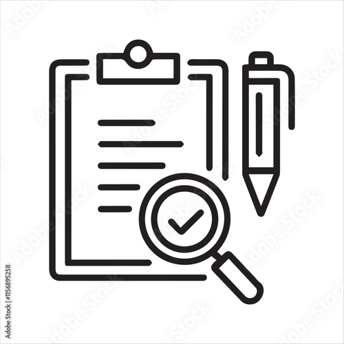 Checklist with magnifying glass and pen for thorough review vector silhouette on a white background