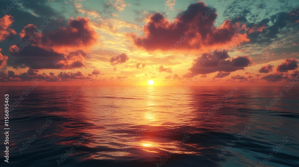 Fototapeta premium Stunning Wide Shot Photo: Vibrant Sunset Reflecting Calmly on Ocean Waters. AI Generated