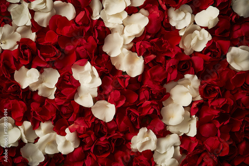 A rich composition of red and white rose petals creating a soft and romantic floral texture photo