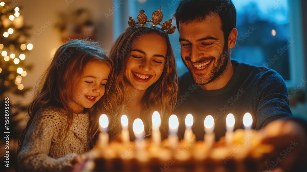 Family celebrates birthday with joy and candles at cozy indoor setting during evening time Family celebrates birthday with joy and candles at cozy indoor setting during evening time