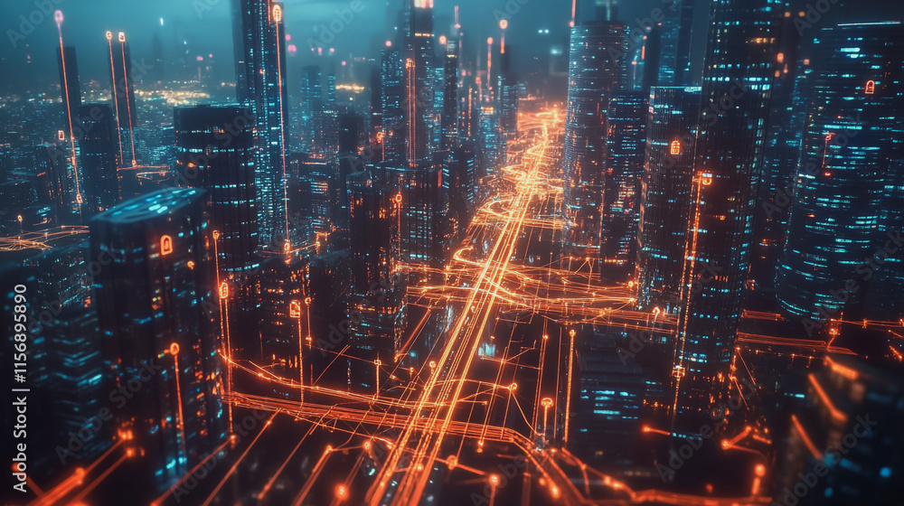 Smart digital Innovation city with connection network reciprocity over the cityscape. of future smart wireless digital city and social media networking systems that connects people with in city Smart digital Innovation city with connection network reciprocity over the cityscape. of future smart wireless digital city and social media networking systems that connects people with in city