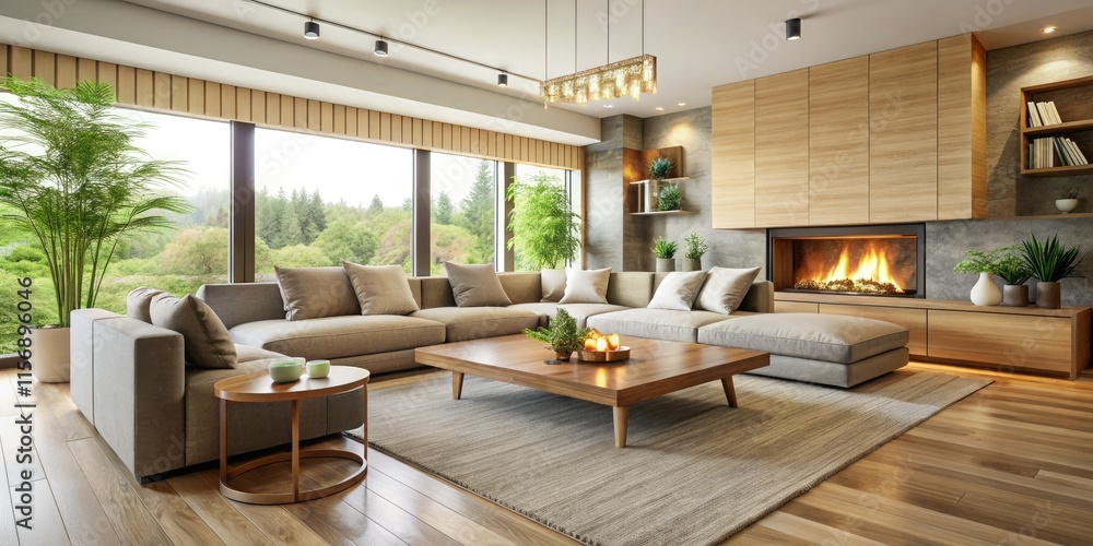 Fototapeta premium Serene living room: neutral sectional sofa anchors the space, fireplace adds warmth, minimal coffee table completes the scene.