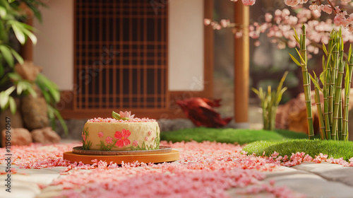 Enchanting Japanese birthday scene with a floral cake and scattered cherry blossoms in a tranquil zen garden ambiance