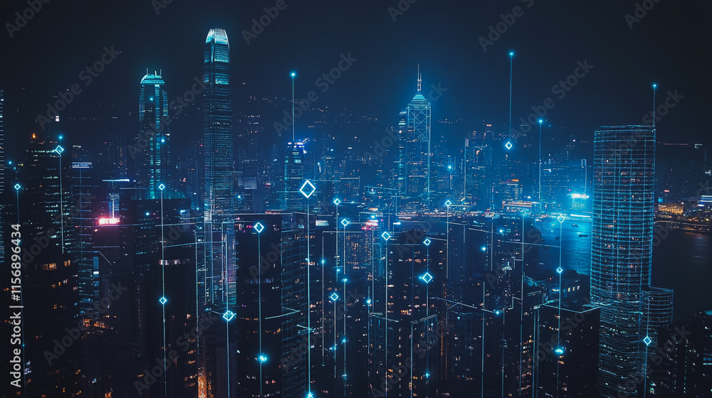 Smart digital Innovation city with connection network reciprocity over the cityscape. of future smart wireless digital city and social media networking systems that connects people with in city Smart digital Innovation city with connection network reciprocity over the cityscape. of future smart wireless digital city and social media networking systems that connects people with in city
