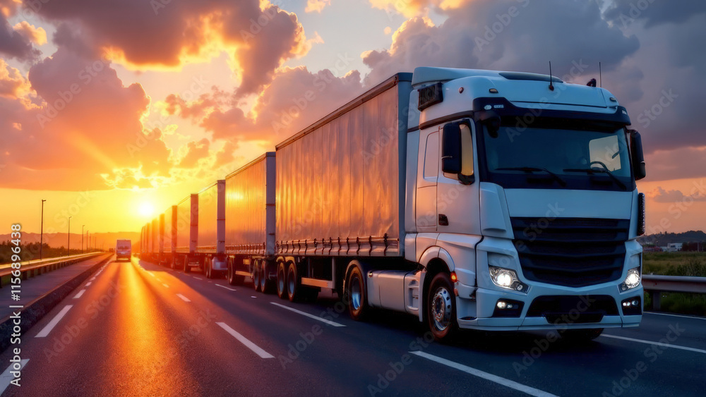 Cargo transportation in backlight. A truck with goods in the setting sun. Cargo transportation in backlight. A truck with goods in the setting sun.
