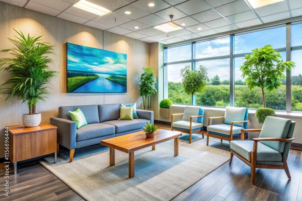 Serene medical waiting area: comfortable seating, clean design, contemporary reception, calming healthcare interior. Serene medical waiting area: comfortable seating, clean design, contemporary reception, calming healthcare interior.