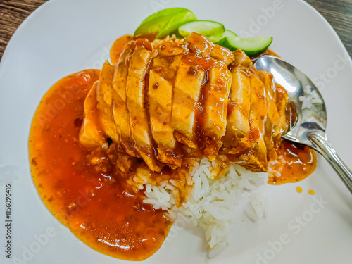 Crispy pork with rice and sauce, thai style.