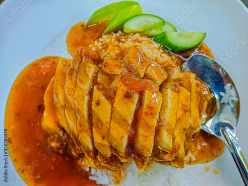 Crispy pork with rice and sauce, thai style.