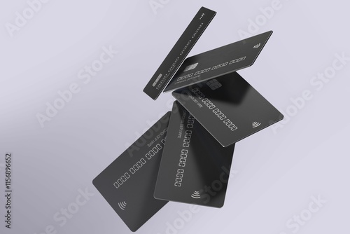 Floating black credit cards with contactless payment symbols. photo