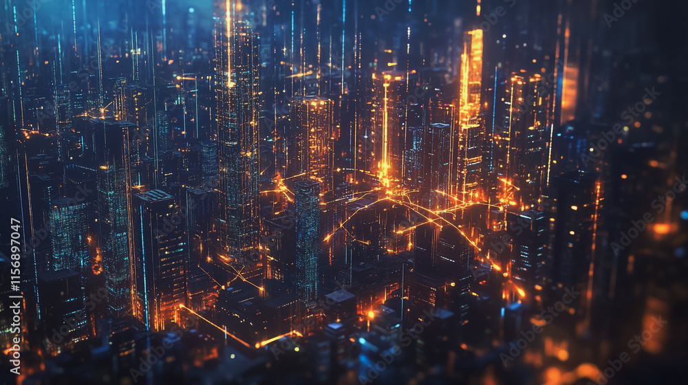 Naklejka premium Smart digital Innovation city with connection network reciprocity over the cityscape. of future smart wireless digital city and social media networking systems that connects people with in city