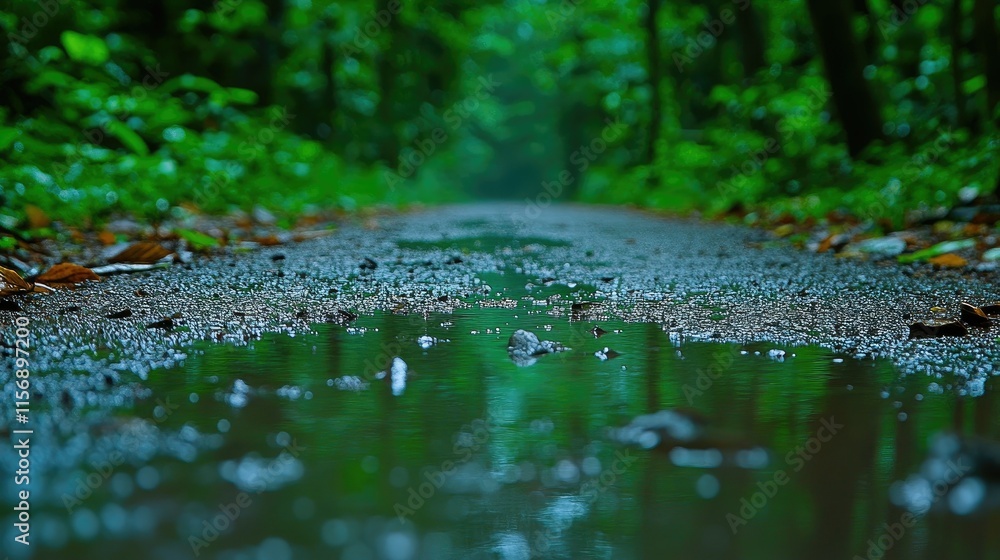 Fototapeta premium Rainy path through lush green forest; puddle reflections.