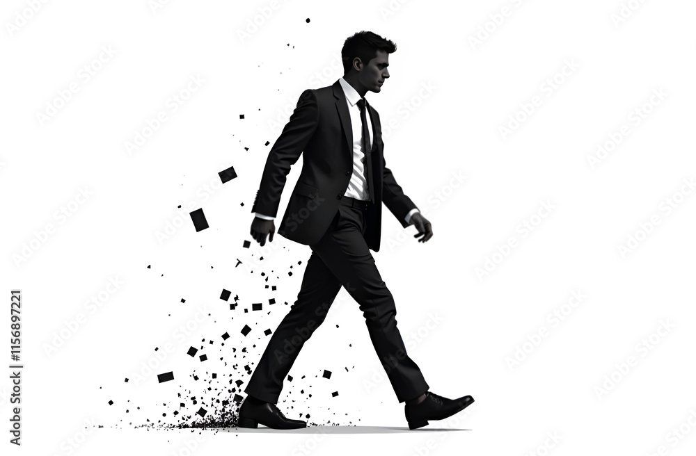 A striking silhouette of a man dressed in a suit, confidently walking toward a bright future
