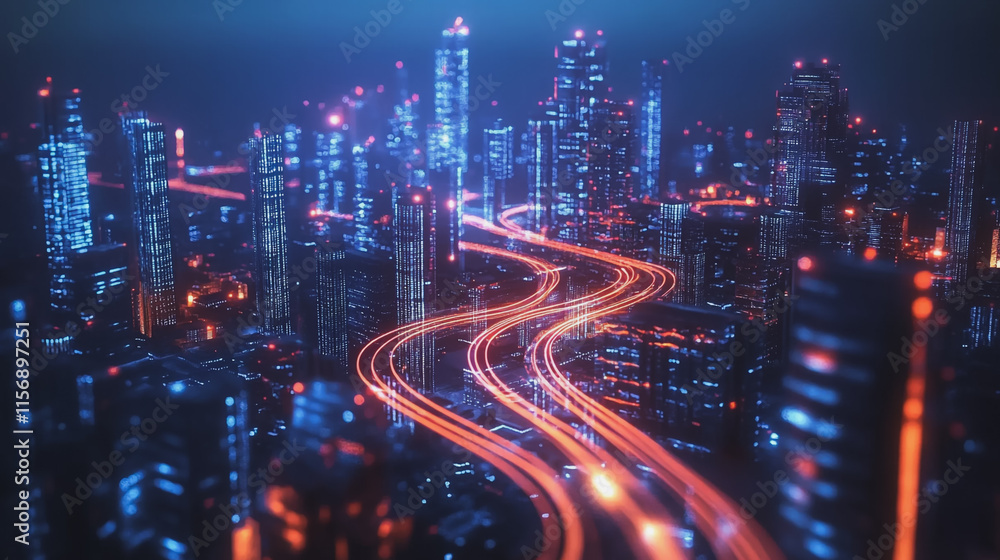 Fototapeta premium Smart digital Innovation city with connection network reciprocity over the cityscape. of future smart wireless digital city and social media networking systems that connects people with in city