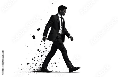 A striking silhouette of a man dressed in a suit, confidently walking toward a bright future photo