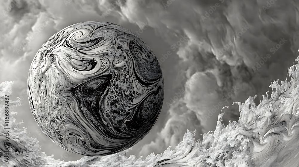 Obraz premium Swirling Monochrome Planet: A Striking Digital Painting in Abstract Style. AI Generated