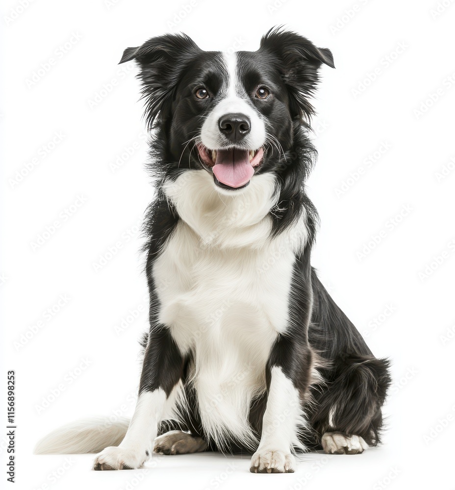 A black and white border collie sits in front of a white background A black and white border collie sits in front of a white background