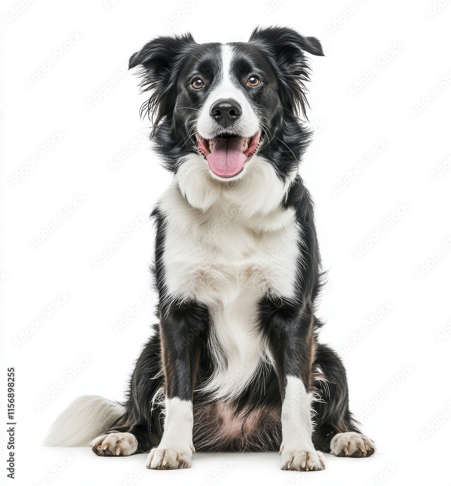 A black and white border collie sits in front of a white background A black and white border collie sits in front of a white background