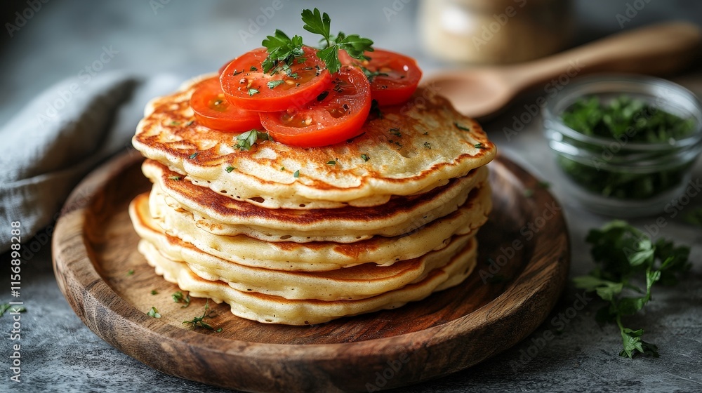 Stack of Thin Crepes with Fresh Tomatoes and Greens