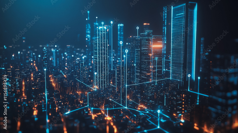 Smart digital Innovation city with connection network reciprocity over the cityscape. of future smart wireless digital city and social media networking systems that connects people with in city Smart digital Innovation city with connection network reciprocity over the cityscape. of future smart wireless digital city and social media networking systems that connects people with in city