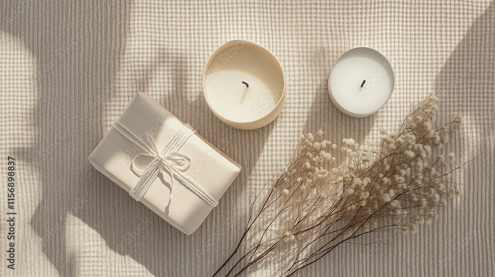 Minimalist birthday arrangement featuring a beige wrapped gift, dried flowers, and candles, emphasizing earthy tones and modern sophistication for a serene celebration