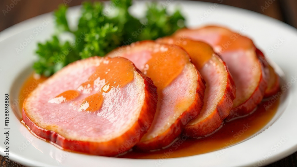 Pieces of ham in caramel sauce. Pieces of ham in caramel sauce.