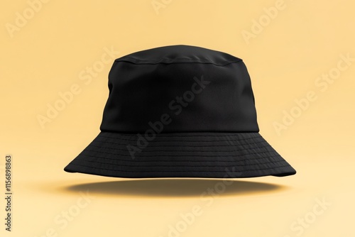 black bucket hat mockup isolated on a beige background.	 photo