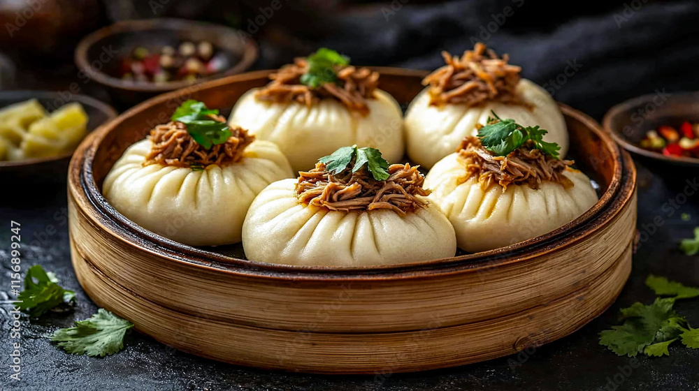 Artisanal Steamed Bao Buns with Savory Toppings and Fresh Garnish in Traditional Wooden Steamer Setting Artisanal Steamed Bao Buns with Savory Toppings and Fresh Garnish in Traditional Wooden Steamer Setting