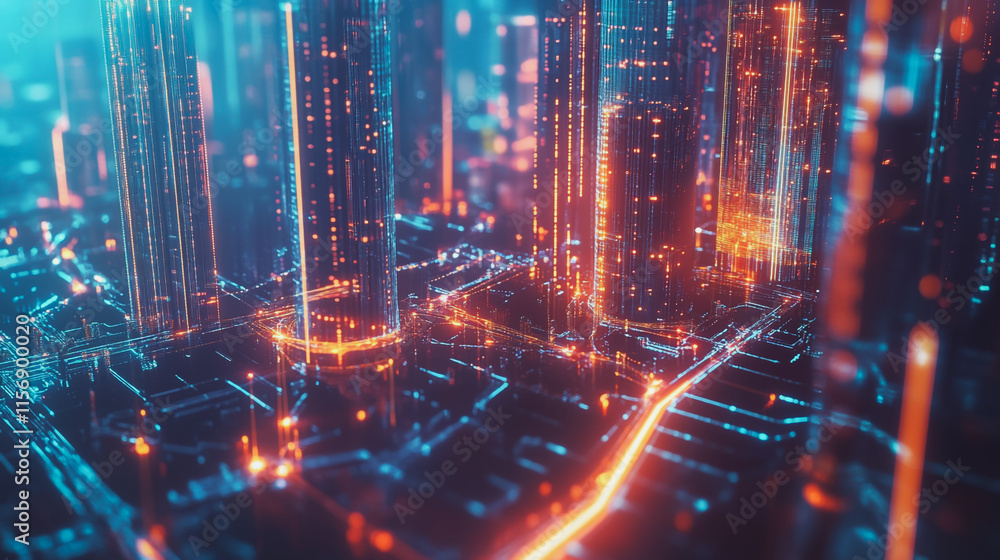 Fototapeta premium Smart digital Innovation city with connection network reciprocity over the cityscape. of future smart wireless city and social media networking systems that connects business people with in city